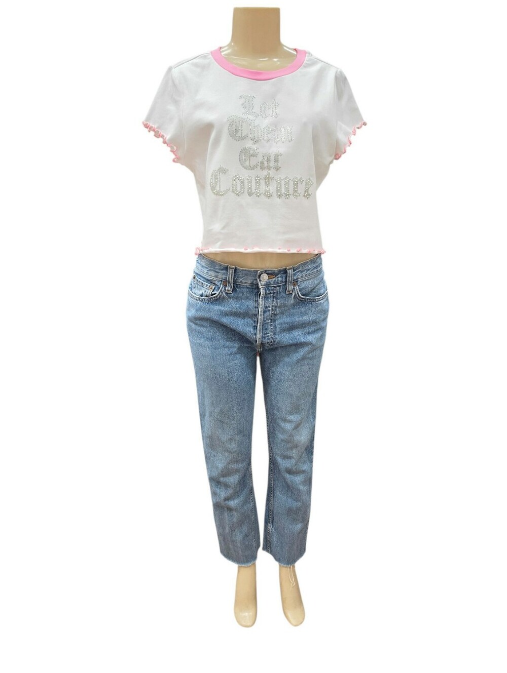 Juicy Couture Crop Top Large L White Pink Rhinestone Graphic Lettuce Trim Tee